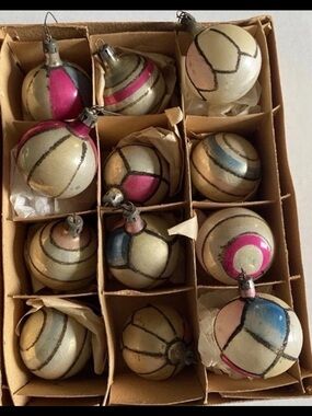 1950s Fantasia Poland Mica Mercury Glass Christmas Mini Ornaments Set 10 No Box